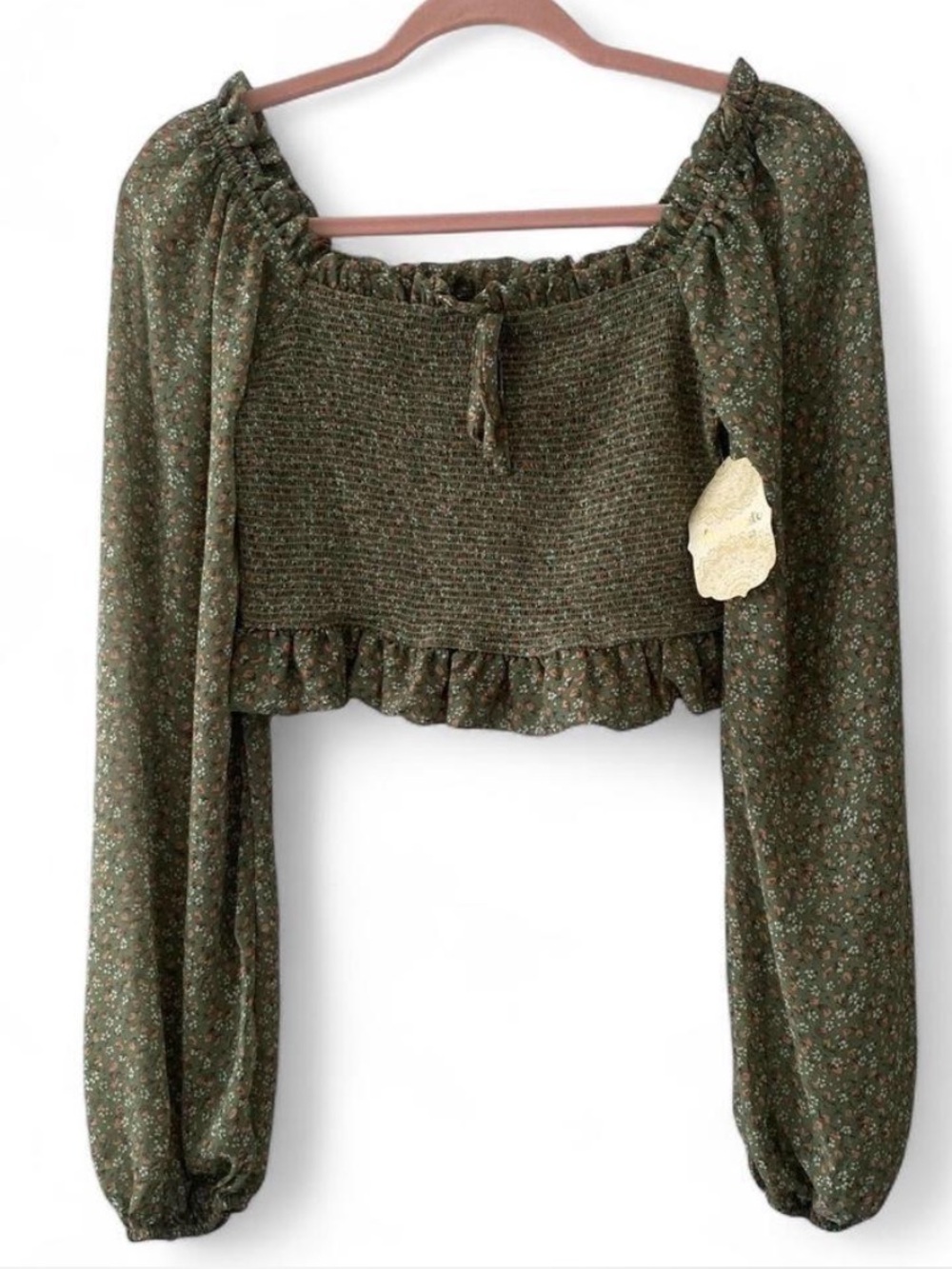 Altar’d State Olive Green Floral Long Sleeve Crop Top